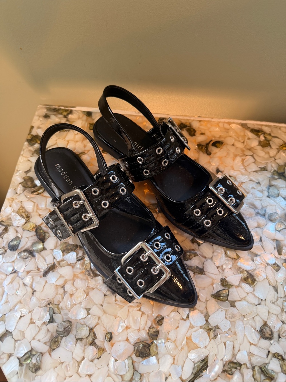 Madden Girl Black Patent Slingback Flats with Silver Buckles